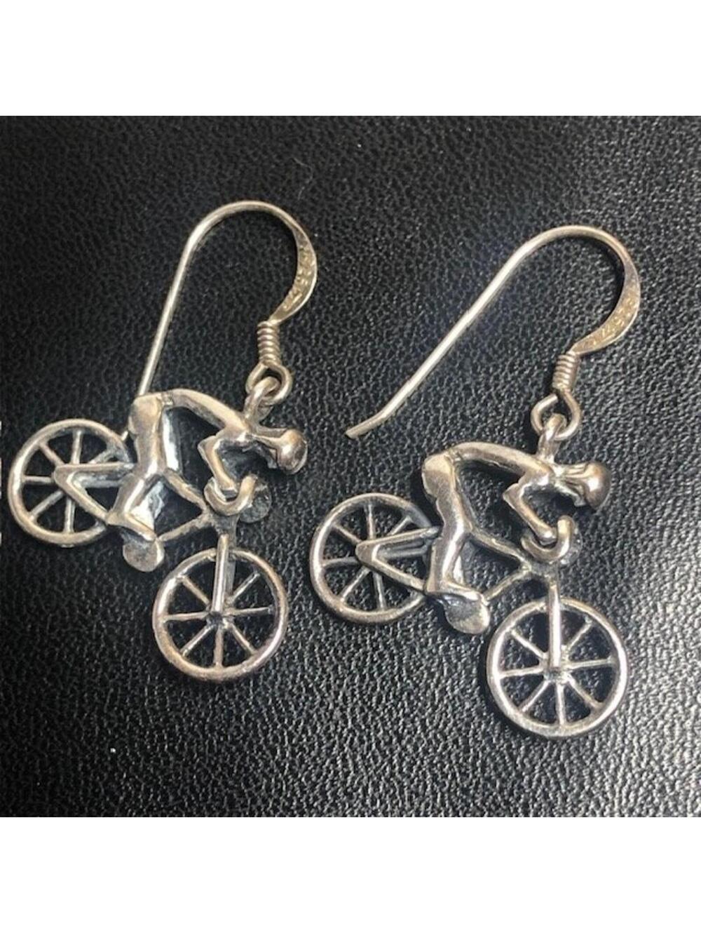 B1257 Sterling Silver Bicycle Cyclist Dangle Earrings 925 Sport 4.4g 1.4"